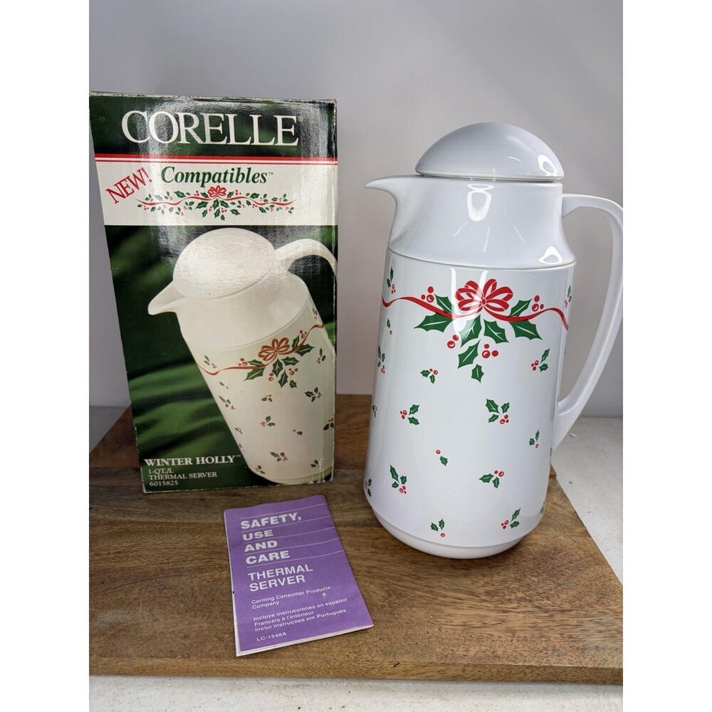 1992 Corelle Winter Holly Thermal Server 1 Qt Christmas Carafe Retro 6015825 Vtg
